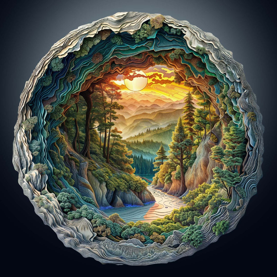 3D cave forest wooden jigsaw puzzle with vibrant colors, featuring trees, mountains, and a sun setting over a river.