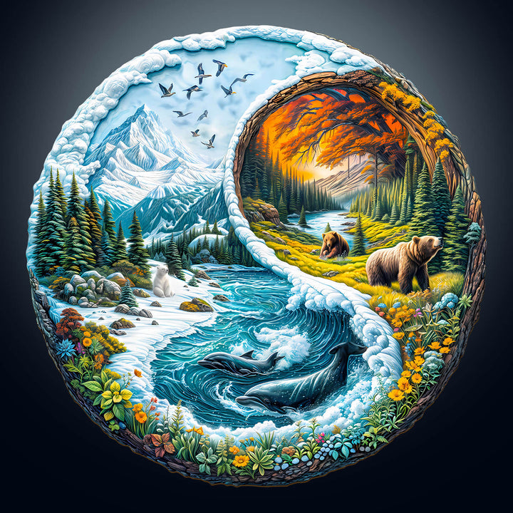 Yin yang glacial forest wooden jigsaw puzzle featuring wildlife and natural landscapes, perfect for enhancing focus and cognitive skills.