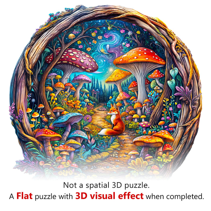 3D Mushroom Forest Wooden Jigsaw Puzzle featuring vibrant colors and whimsical 3D visual effects with fox and mushrooms.