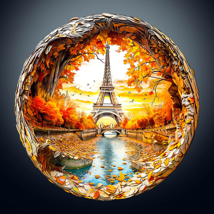 3D wooden jigsaw puzzle of the Four Seasons in Paris, showcasing Eiffel Tower amidst autumn leaves and a serene river.