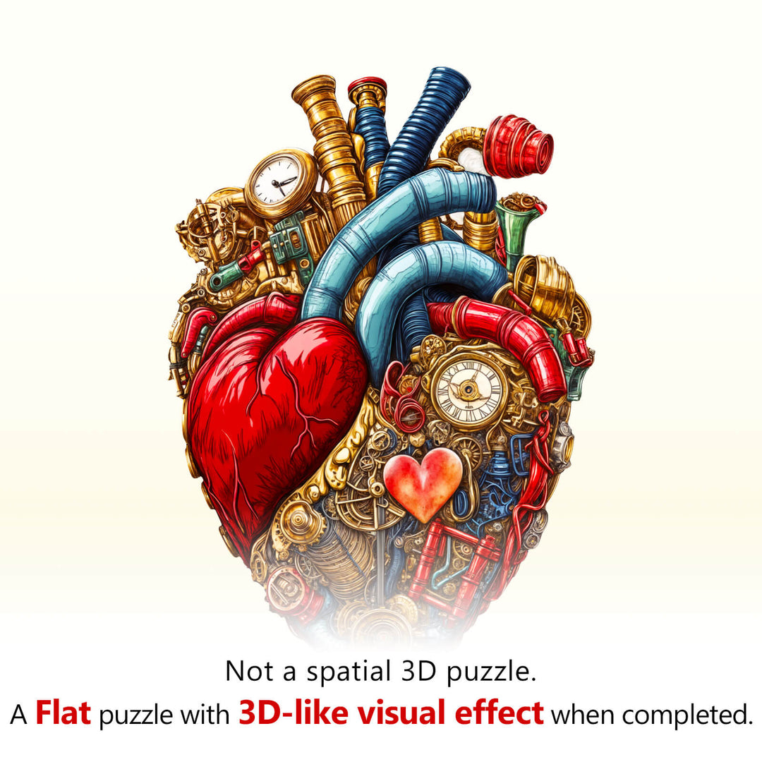Mechanical Heart-2 wooden jigsaw puzzle showcasing intricate design with a 3D visual effect when completed.