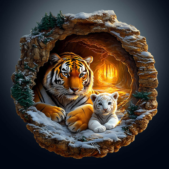 3D Tiger Family-2 wooden jigsaw puzzle featuring a tiger and cub in a snowy cave.