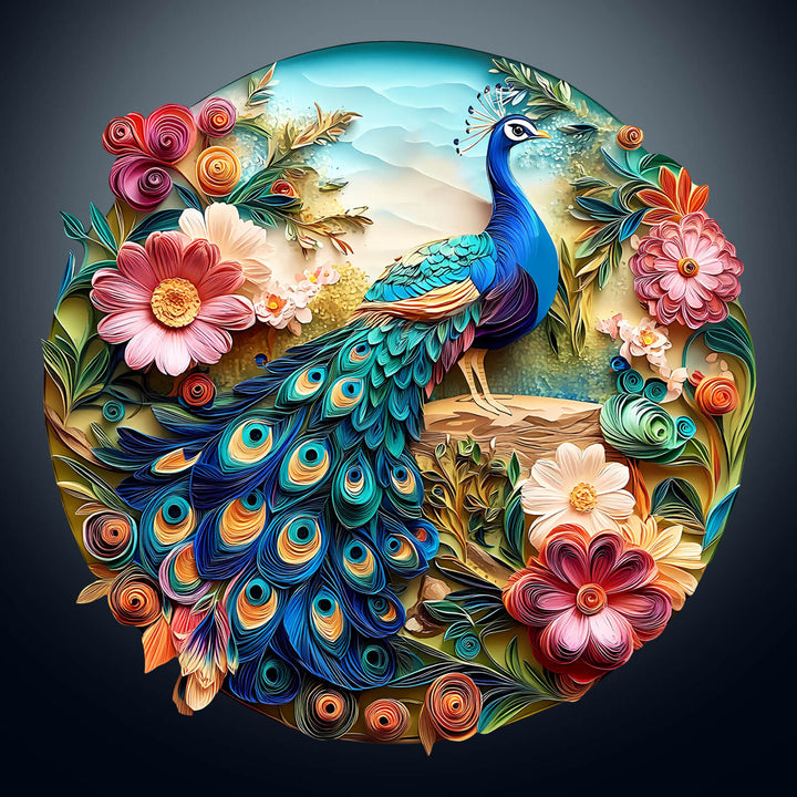 3D Colorful Peacock Wooden Jigsaw Puzzle featuring vibrant flowers and intricate design elements.