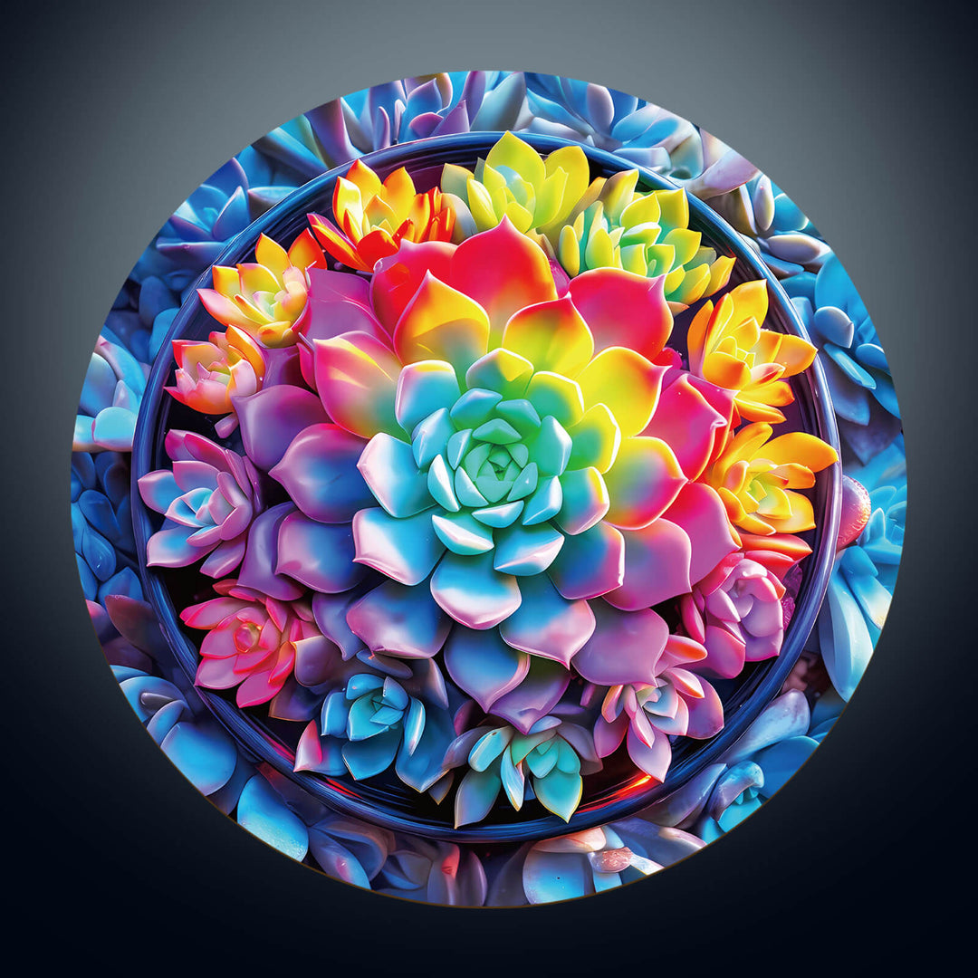 Colorful 3D succulent plants in a circular arrangement, perfect for jigsaw puzzle enthusiasts.