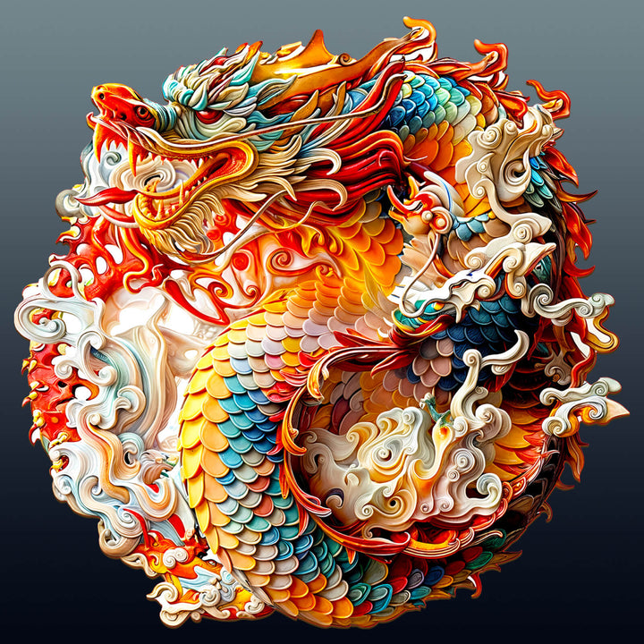 Colorful 3D Chinese Dragon wooden jigsaw puzzle showcasing intricate design and vibrant colors, perfect for puzzle enthusiasts.