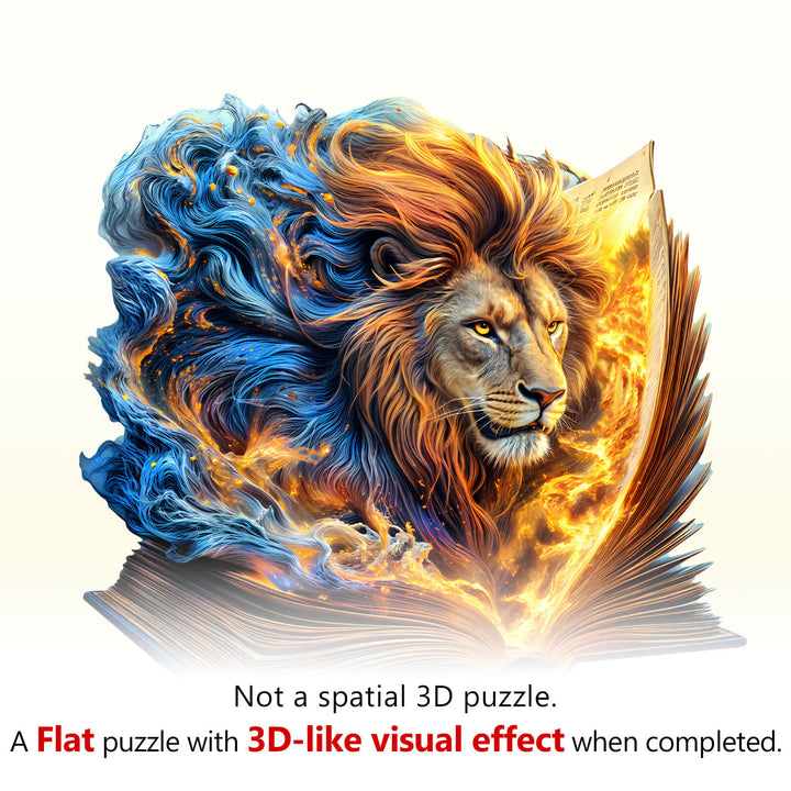 Roaring Pages wooden jigsaw puzzle featuring a lion emerging from a book with vibrant colors and a 3D-like visual effect.
