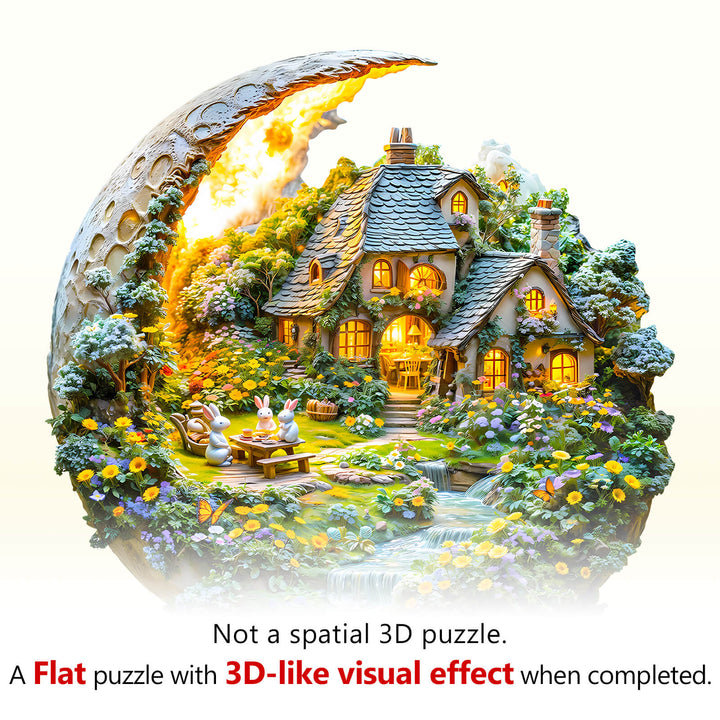 Moonlight Garden-2 Wooden Jigsaw Puzzle showcasing a charming cottage with a 3D-like visual effect when completed.