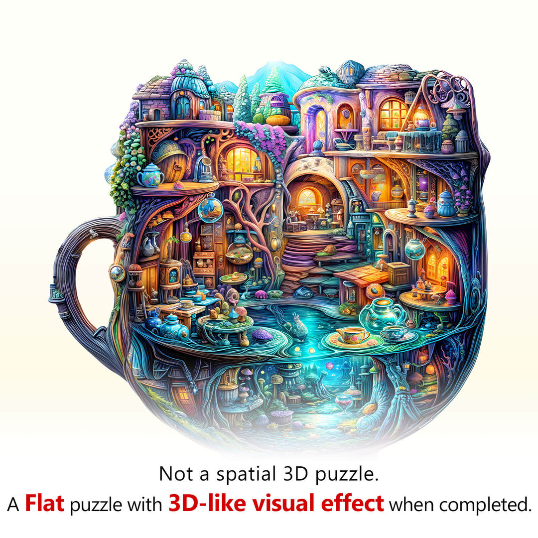 Colorful Enchanted Teapot wooden jigsaw puzzle showcasing a whimsical design with 3D-like visual effects when completed.