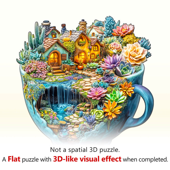Colorful succulent mug puzzle featuring vibrant plants, flowers, and a 3D-like visual effect upon completion.