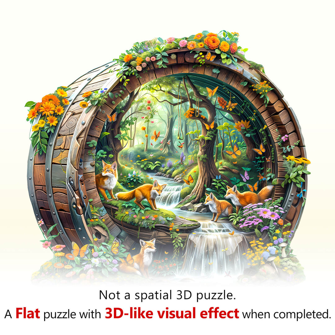 Happy foxes-1 wooden jigsaw puzzle featuring a vibrant forest scene with foxes and nature, designed for focused puzzle solving.