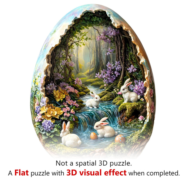 Wonderland Easter-3 wooden jigsaw puzzle featuring bunnies and flowers in a 3D visual effect design.