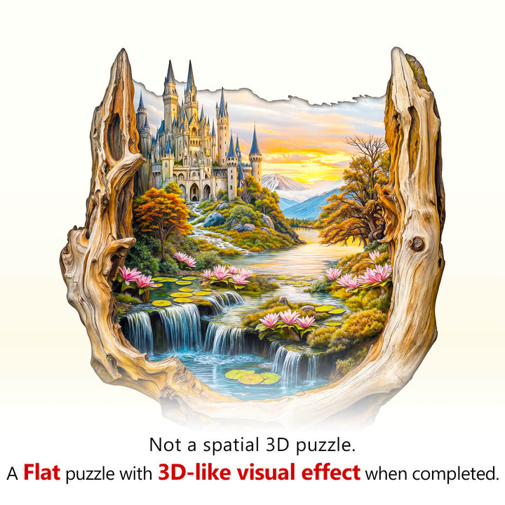 Enchanted Frame-1 wooden jigsaw puzzle featuring a picturesque landscape with a castle, waterfall, and vibrant flowers.