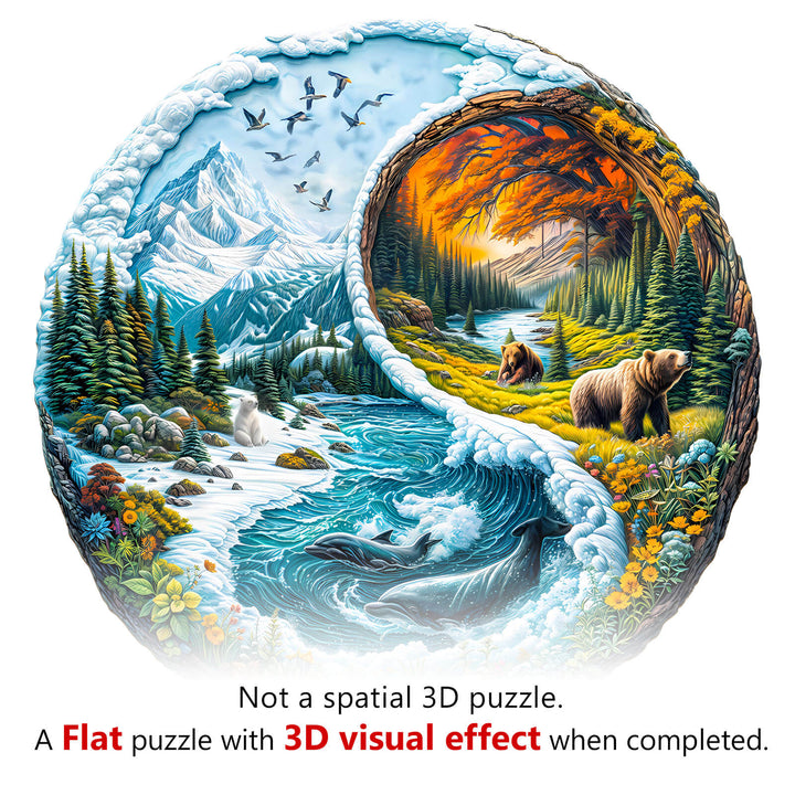 Yin yang glacial forest wooden jigsaw puzzle featuring vibrant nature scenes and a 3D visual effect when completed.