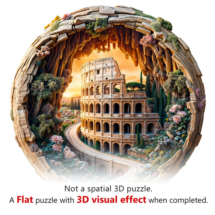 3D Colosseum wooden jigsaw puzzle showcasing a flat design with stunning 3D visual effects when completed.