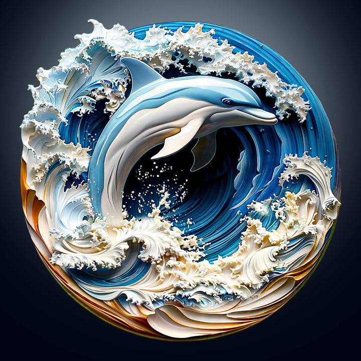 3D Dolphin-1 Wooden Jigsaw Puzzle featuring a dolphin leaping through waves, perfect for boosting focus and intelligence.
