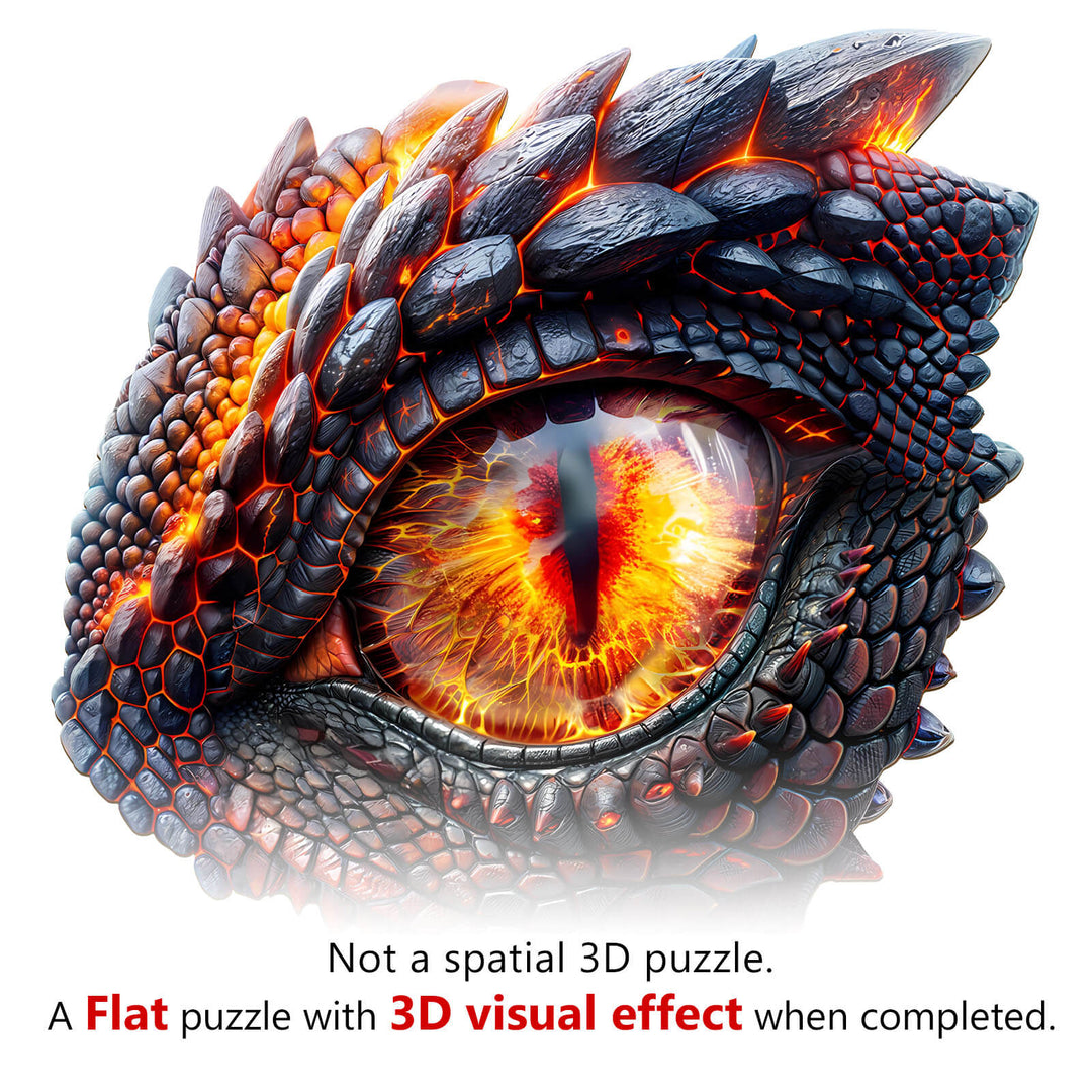3D Blaze Eye wooden jigsaw puzzle featuring a dragon's eye with vivid detail, designed for mind games and cognitive focus.
