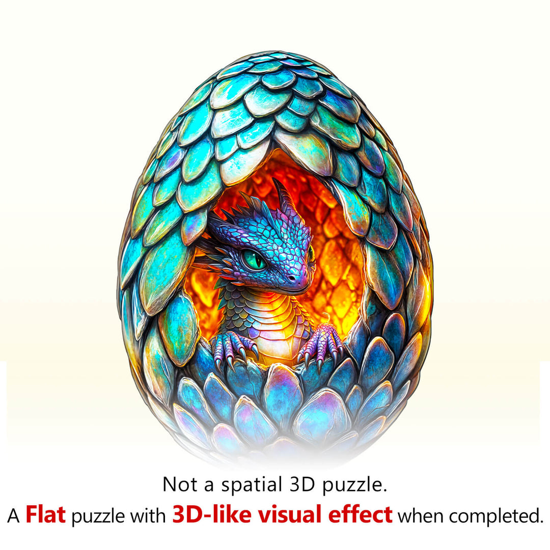 Draconic Rebirth-2 wooden jigsaw puzzle featuring a vibrant dragon in an egg design.