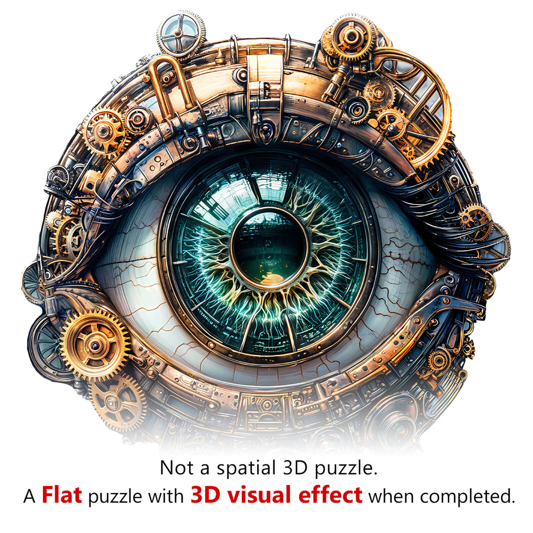 3D Mechanical eyes Wooden Jigsaw Puzzle featuring intricate gears and a vibrant eye design creating a stunning visual effect.