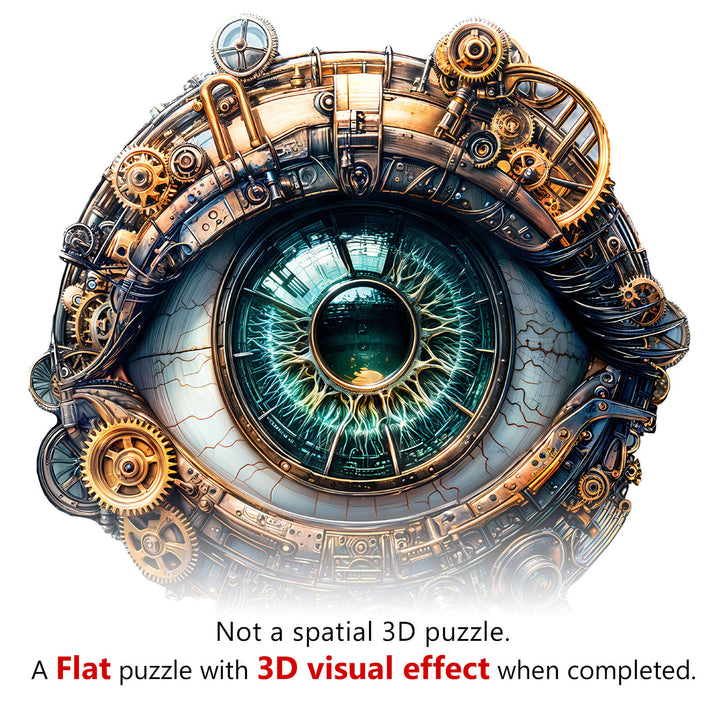 3D Mechanical eyes Wooden Jigsaw Puzzle featuring intricate gears and a vibrant eye design creating a stunning visual effect.