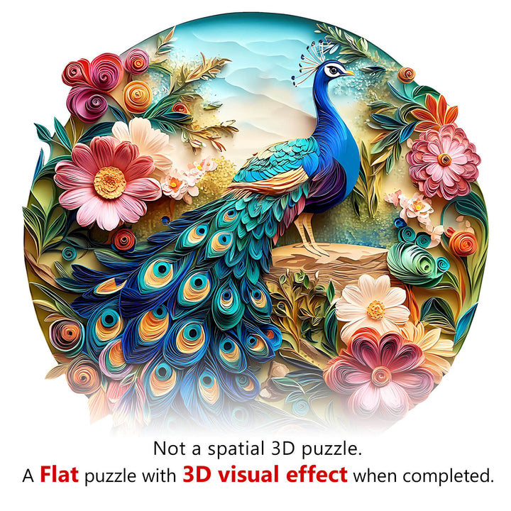 Colorful 3D visual effect peacock wooden jigsaw puzzle surrounded by vibrant flowers, designed for engaging mind games.