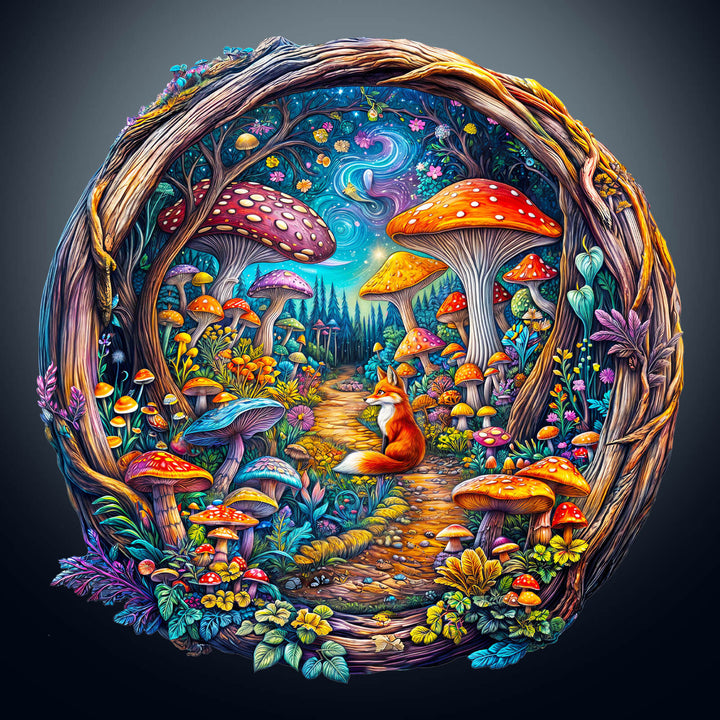 Vibrant 3D Mushroom Forest scene featuring colorful mushrooms, a fox, and a mystical pathway, perfect for jigsaw puzzle lovers.