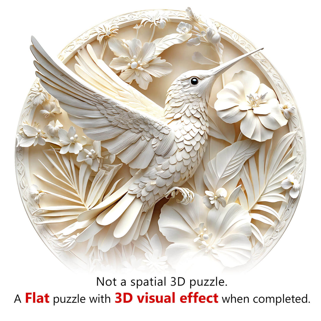 Flat 3D Paper Hummingbird-2 wooden puzzle showcasing a stunning design of flowers and a hummingbird upon completion.