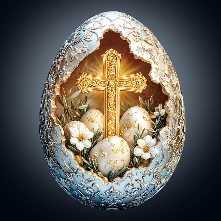 Decorative Easter egg with gold cross and flowers, symbolizing Easter celebration and renewal.