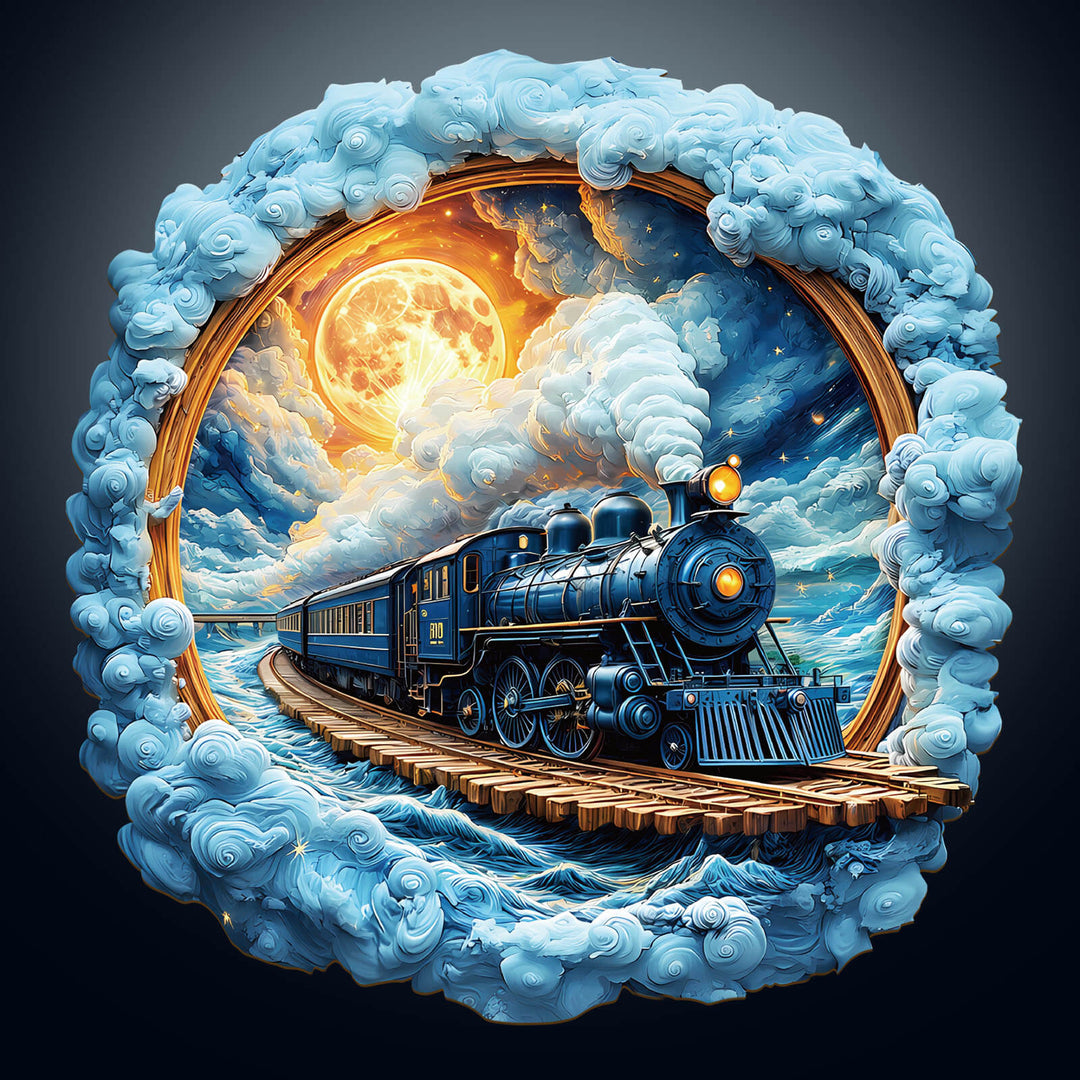 A beautifully illustrated blue steam train traveling on a wooden track under a glowing moon and swirling clouds.