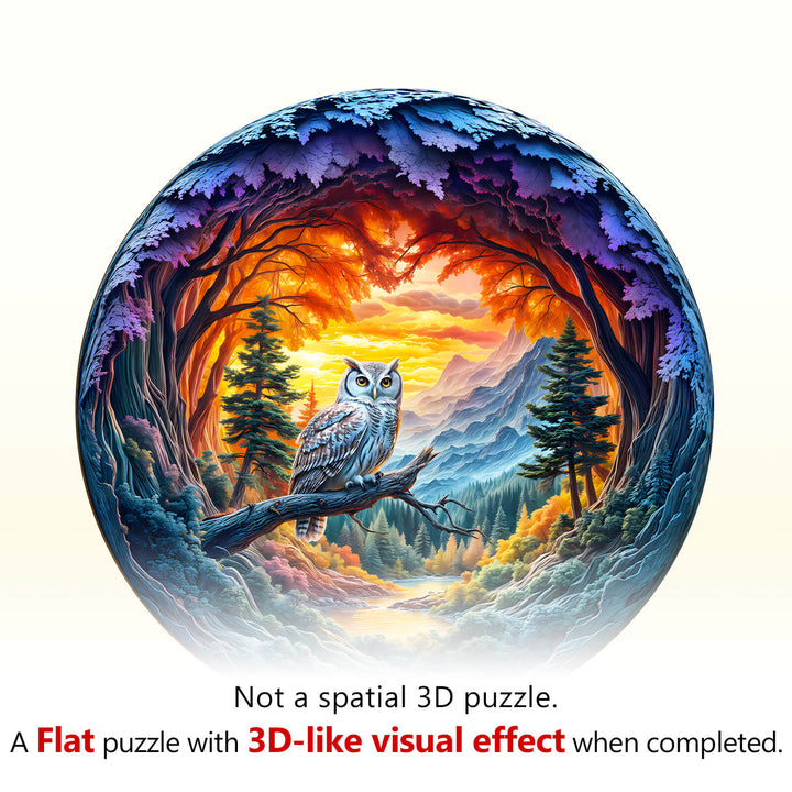 Serene Watcher Wooden Jigsaw Puzzle featuring an owl in a vibrant forest scene with 3D-like visual effect.
