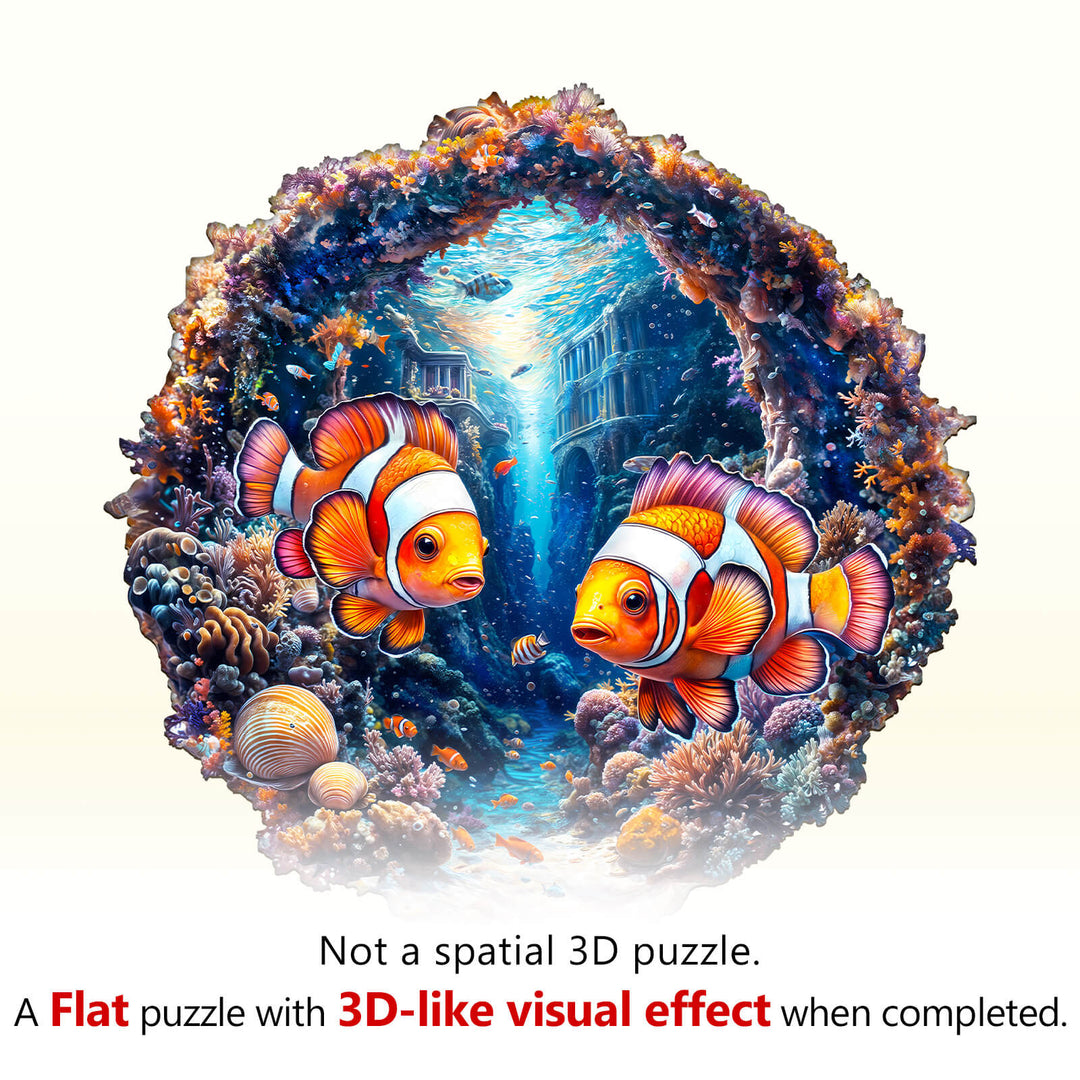 Clownfish Journey wooden jigsaw puzzle featuring vibrant clownfish in a colorful coral reef setting.