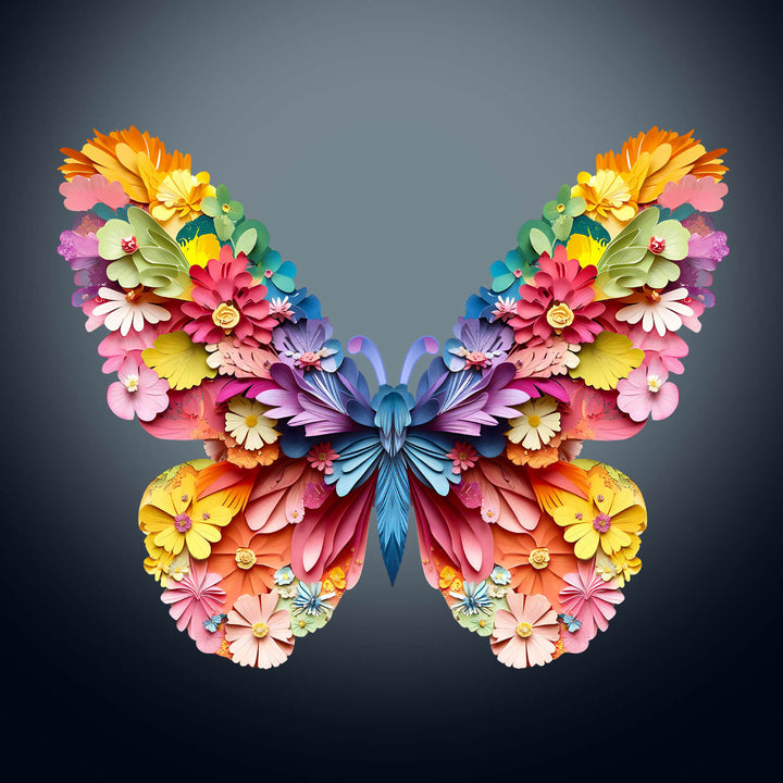 3D colorful butterfly made of vibrant paper flowers, showcasing intricate design and creativity.