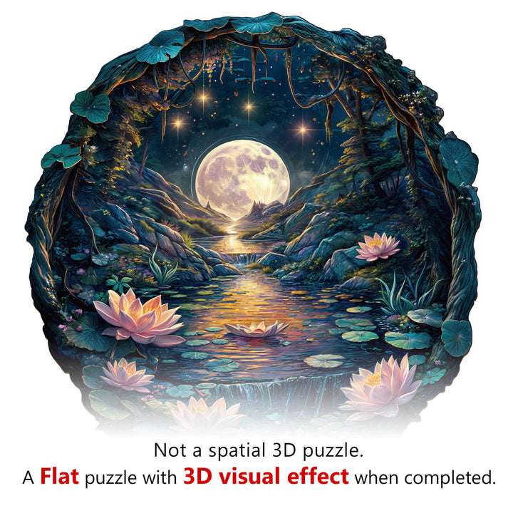 3D Cave Moon Lotus Wooden Jigsaw Puzzle featuring a cave scene with moonlight and lotus flowers, creating a magical atmosphere.
