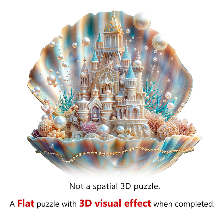 Colorful Pearlspire Citadel-1 wooden jigsaw puzzle displayed in a seashell, showcasing a 3D visual effect when completed.