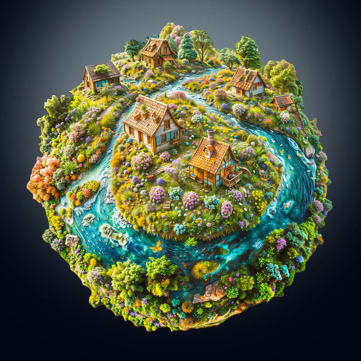 Vibrant wooden jigsaw puzzle featuring a lush landscape with rivers and charming houses in a sustainable design.