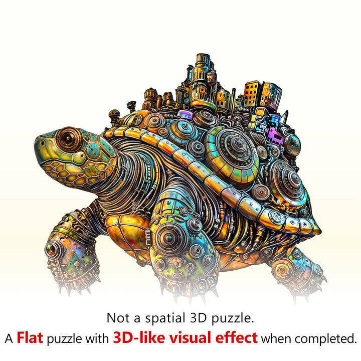Metallic Beast wooden jigsaw puzzle featuring a turtle with city skyline for a 3D visual effect.