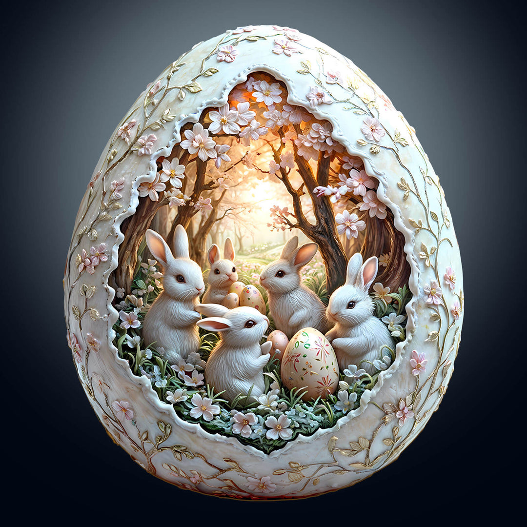 3D Eggshell world Easter-2 wooden jigsaw puzzle featuring rabbits inside a beautifully designed egg.