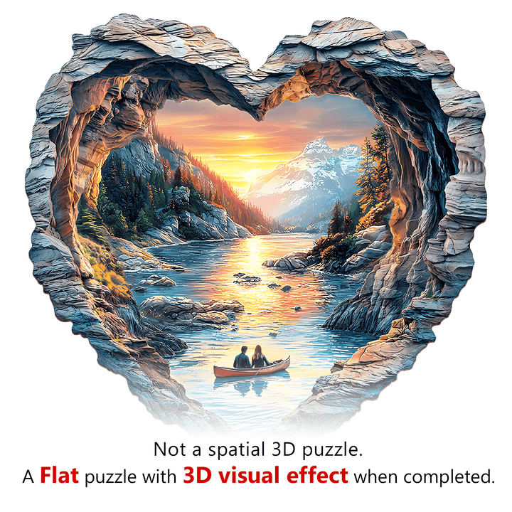 Heart-shaped 3D visual effect lake puzzle, depicting a scenic sunset view, ideal for jigsaw puzzle enthusiasts.