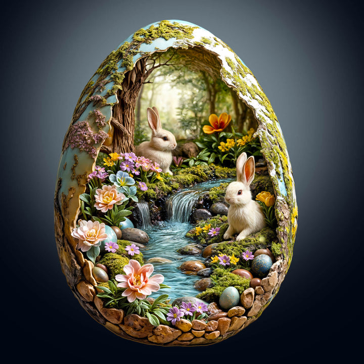 3D Wonderland Easter wooden jigsaw puzzle featuring bunnies and flowers in a scenic egg design.