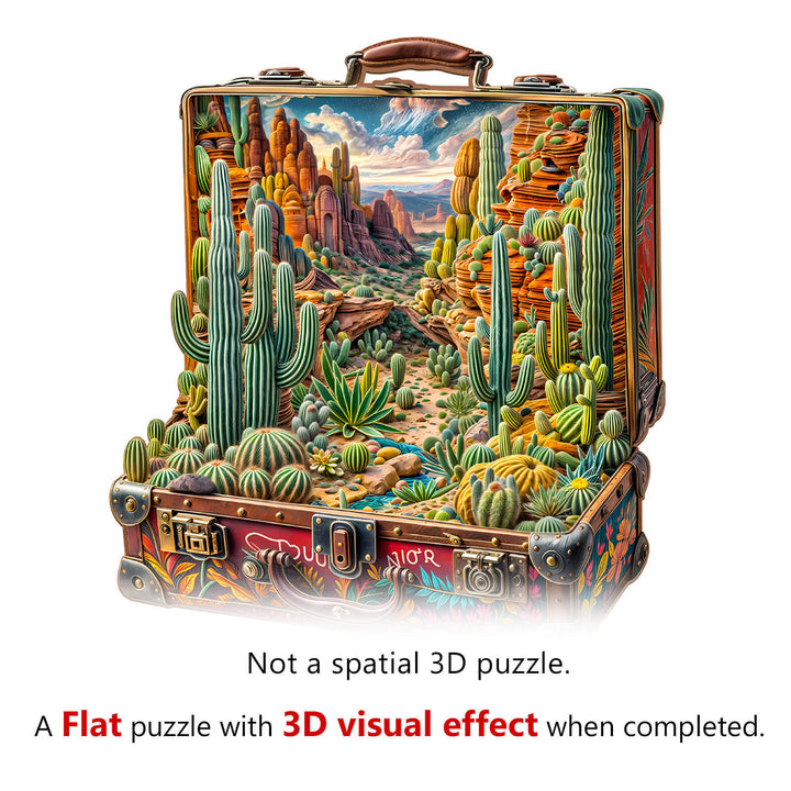 Desert Odyssey-1 Wooden Jigsaw Puzzle showcasing a 3D visual effect with cacti and desert landscape design.
