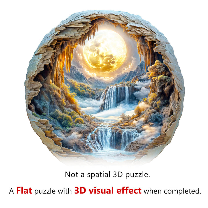 3D Moonlit Wonders Wooden Jigsaw Puzzle featuring a stunning landscape with waterfalls and a glowing moon.