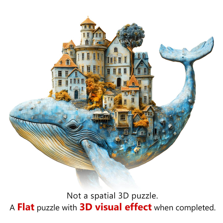 3D Whale City wooden jigsaw puzzle with detailed architecture, showcasing a unique flat design and 3D visual effects.