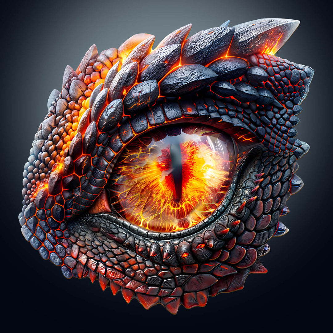Close-up of a fiery 3D dragon eye with intricate scales, perfect for fantasy and puzzle enthusiasts.