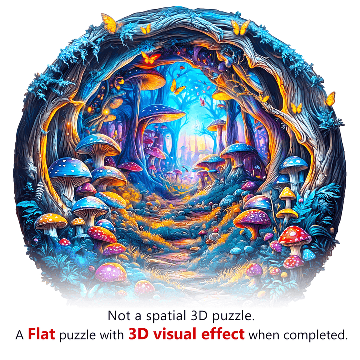 3D Magic Mushroom jigsaw puzzle image illustrating 3D visual effect; not a spatial puzzle, but flat with stunning design.