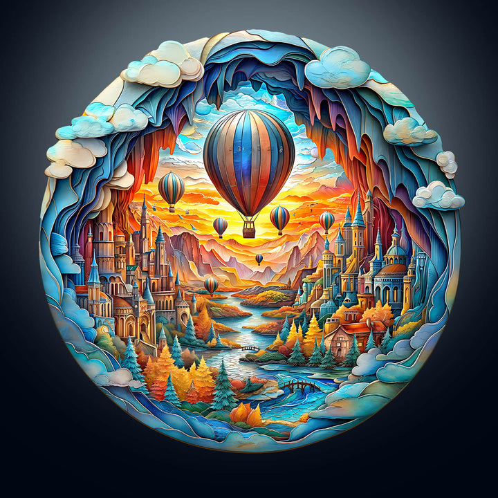 3D Balloon Town wooden jigsaw puzzle showcasing colorful hot air balloons over a scenic landscape.