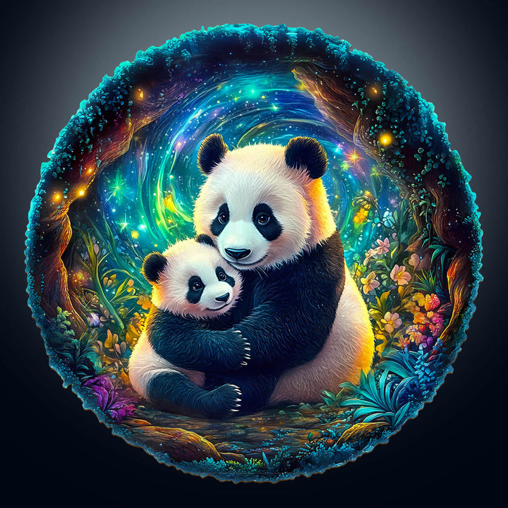 Colorful 3D panda family scene depicting a mother and baby panda embracing in a magical forest backdrop.