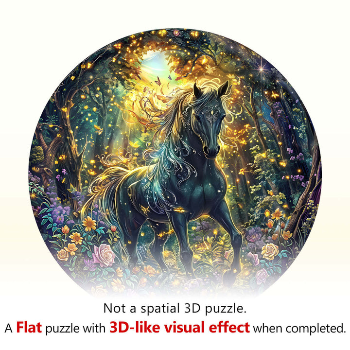 Forest Horse Wooden Jigsaw Puzzle featuring a mystical horse amidst a colorful forest, creating a captivating visual experience.
