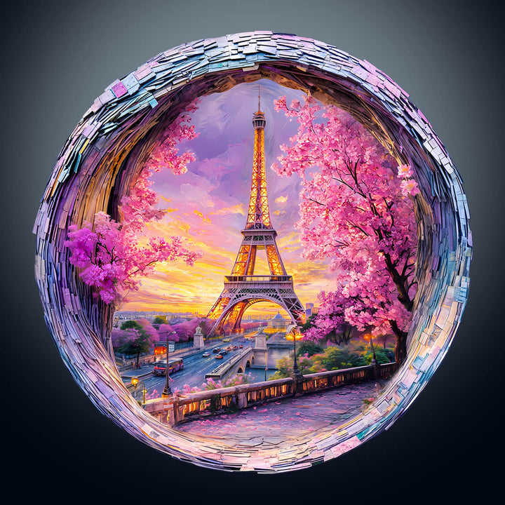 3D Four Seasons in Paris jigsaw puzzle featuring the Eiffel Tower surrounded by vibrant cherry blossoms and sunset colors.