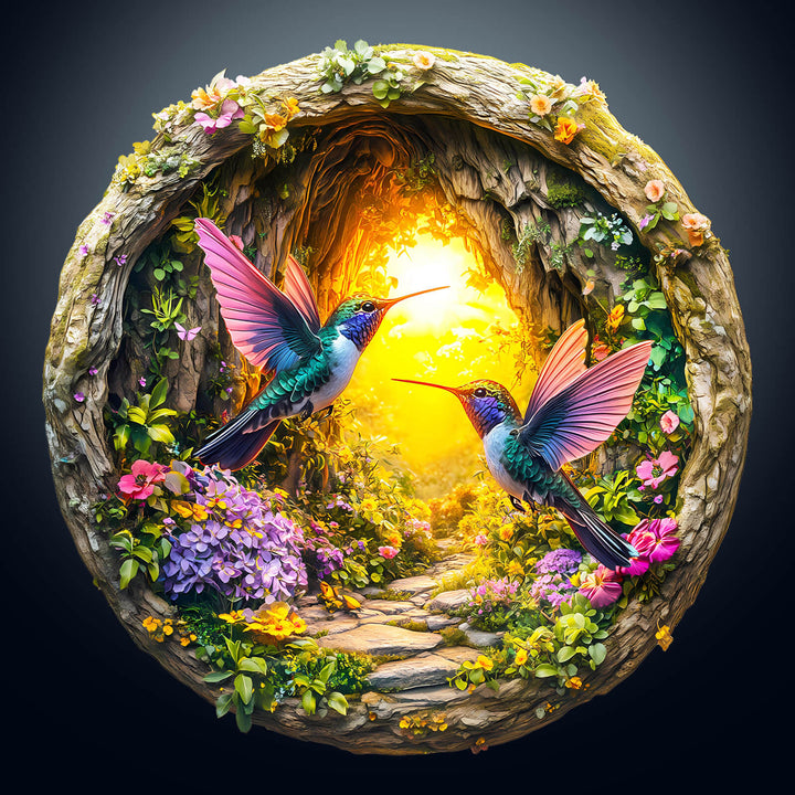 3D Hummingbird in the Cave-1 wooden jigsaw puzzle featuring two colorful hummingbirds and vibrant floral details.