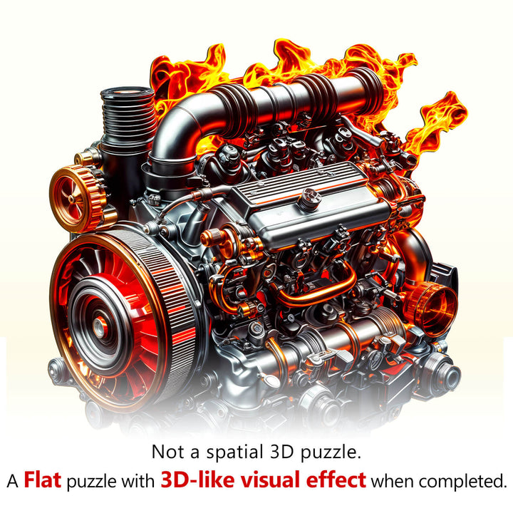 Ironclad Dynamo jigsaw puzzle featuring a vibrant engine design with flames, offering a captivating 3D-like visual effect.