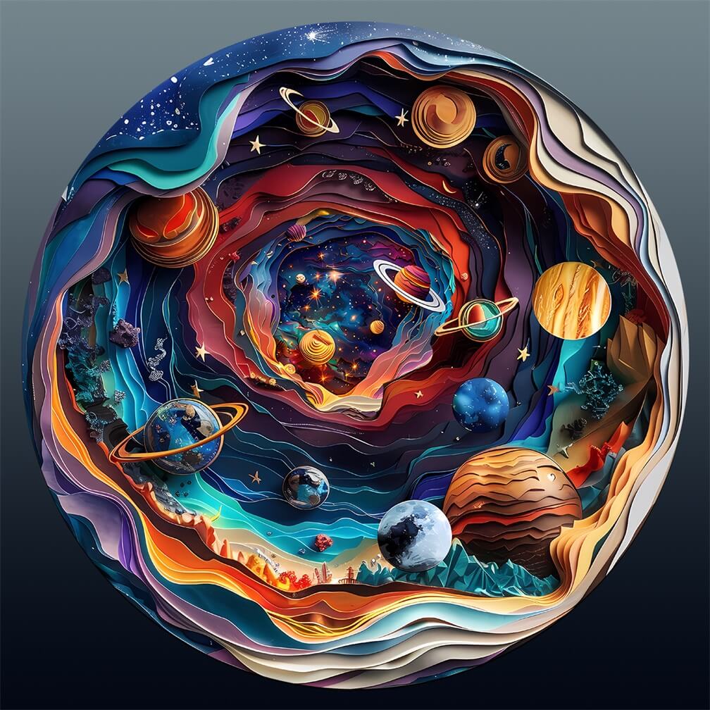 3D Universe Wooden Jigsaw Puzzle featuring colorful planets and galaxies, engaging minds with every piece.